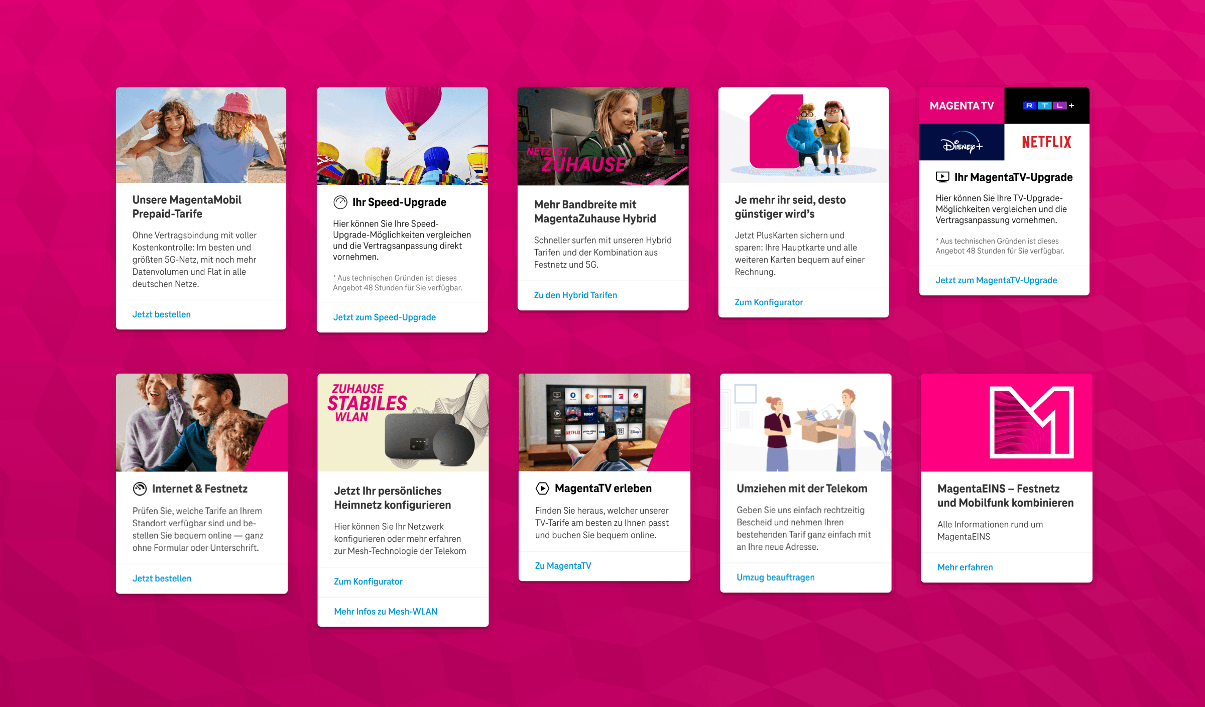 Kachelübersicht mit verschiedenen Telekom-Angeboten wie Speed-Upgrades, MagentaTV, Festnetz, Internet und Umzugsservice.