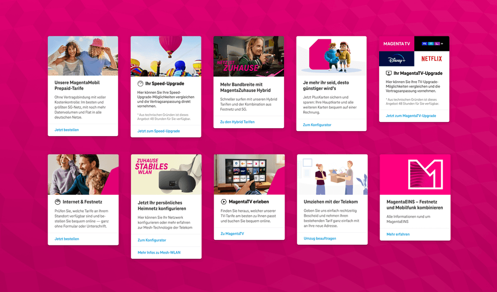 Kachelübersicht mit verschiedenen Telekom-Angeboten wie Speed-Upgrades, MagentaTV, Festnetz, Internet und Umzugsservice.