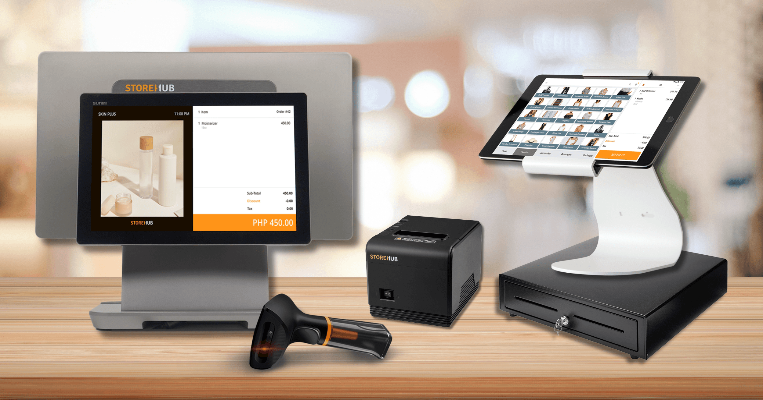 An all-in-one pos system with scanner, printer, cash drawer, and ipad stand
