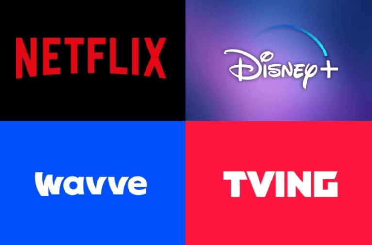 넷플릭스, 디즈니플러스, 웨이브, 티빙 4개 OTT 플랫폼 로고가 2x2 격자 형태로 배치된 이미지입니다.