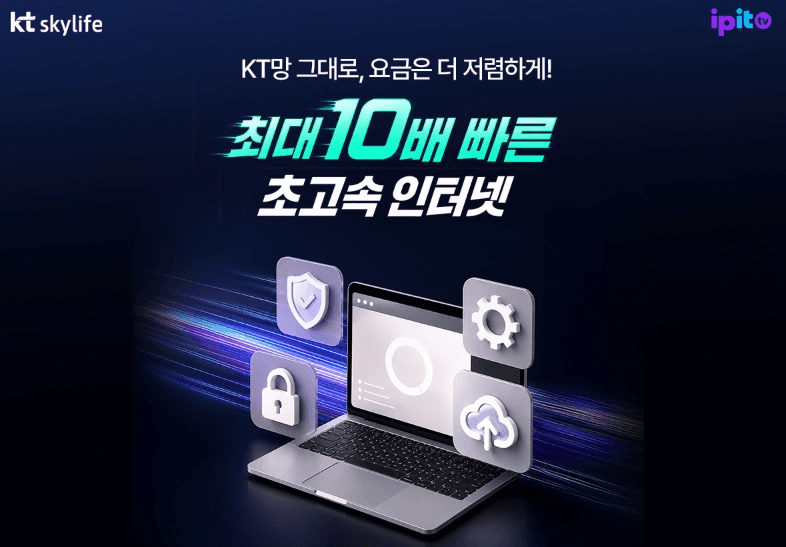 스카이라이프 초고속 인터넷 배너입니다. "KT망 그대로, 요금은 더 저렴하게! 최대 10배 빠른 초고속 인터넷"이라는 문구와 함께 보안, 설정, 클라우드 아이콘이 포함된 실버 노트북이 그려져 있습니다.