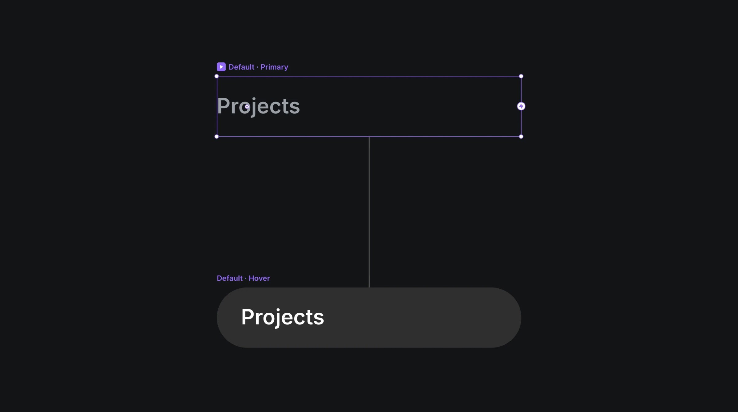 Design system showcasing a navigation element with 'Projects' in primary and hover states, emphasizing interaction