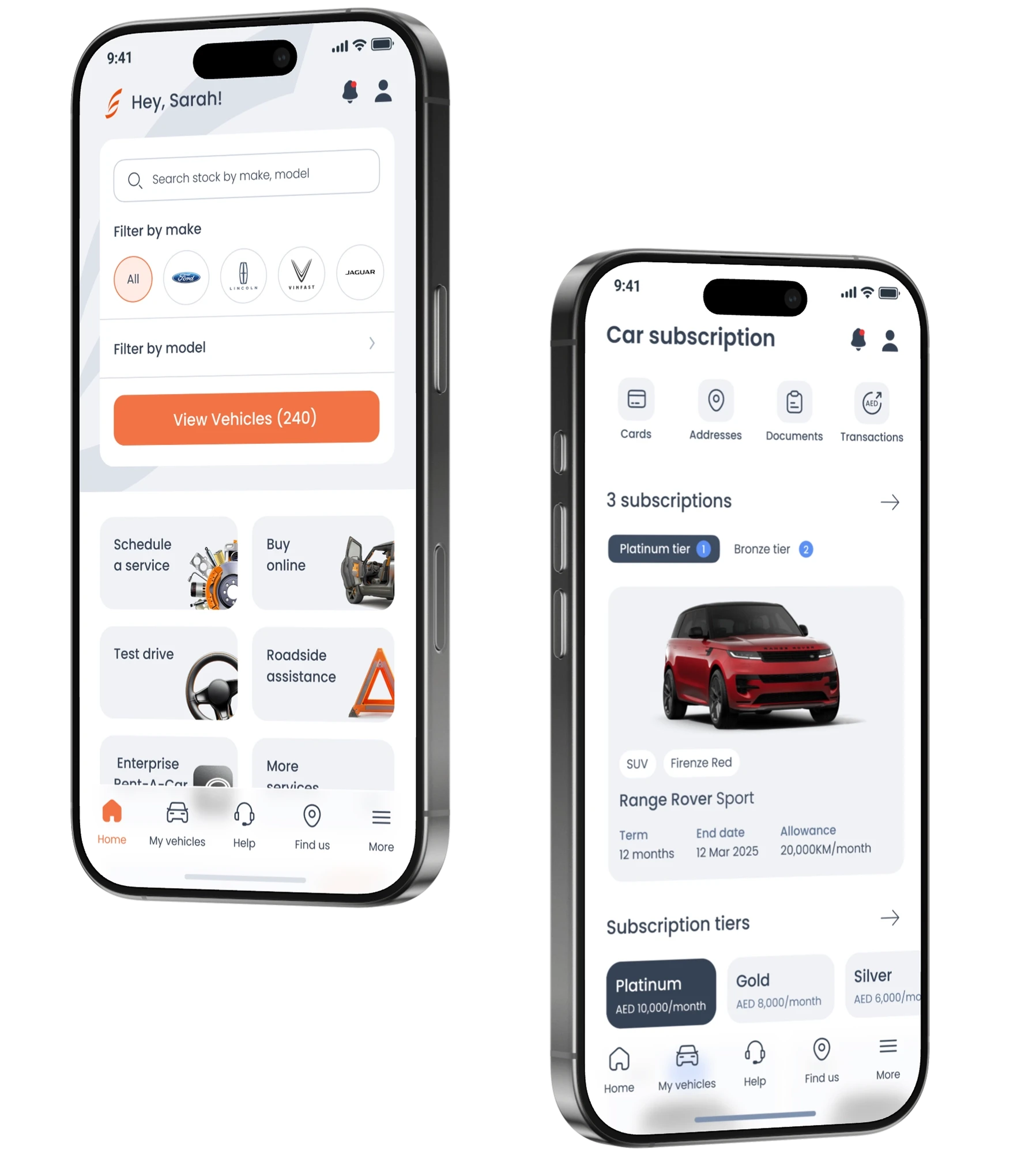 Al Tayer Motors mobile app interface showing vehicle subscription, car details, and dealership management features