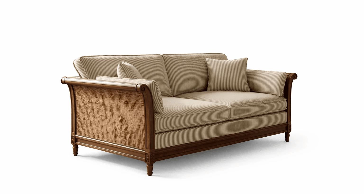 Deep upholstered sofa with cane side panels, broad seating, and wooden base