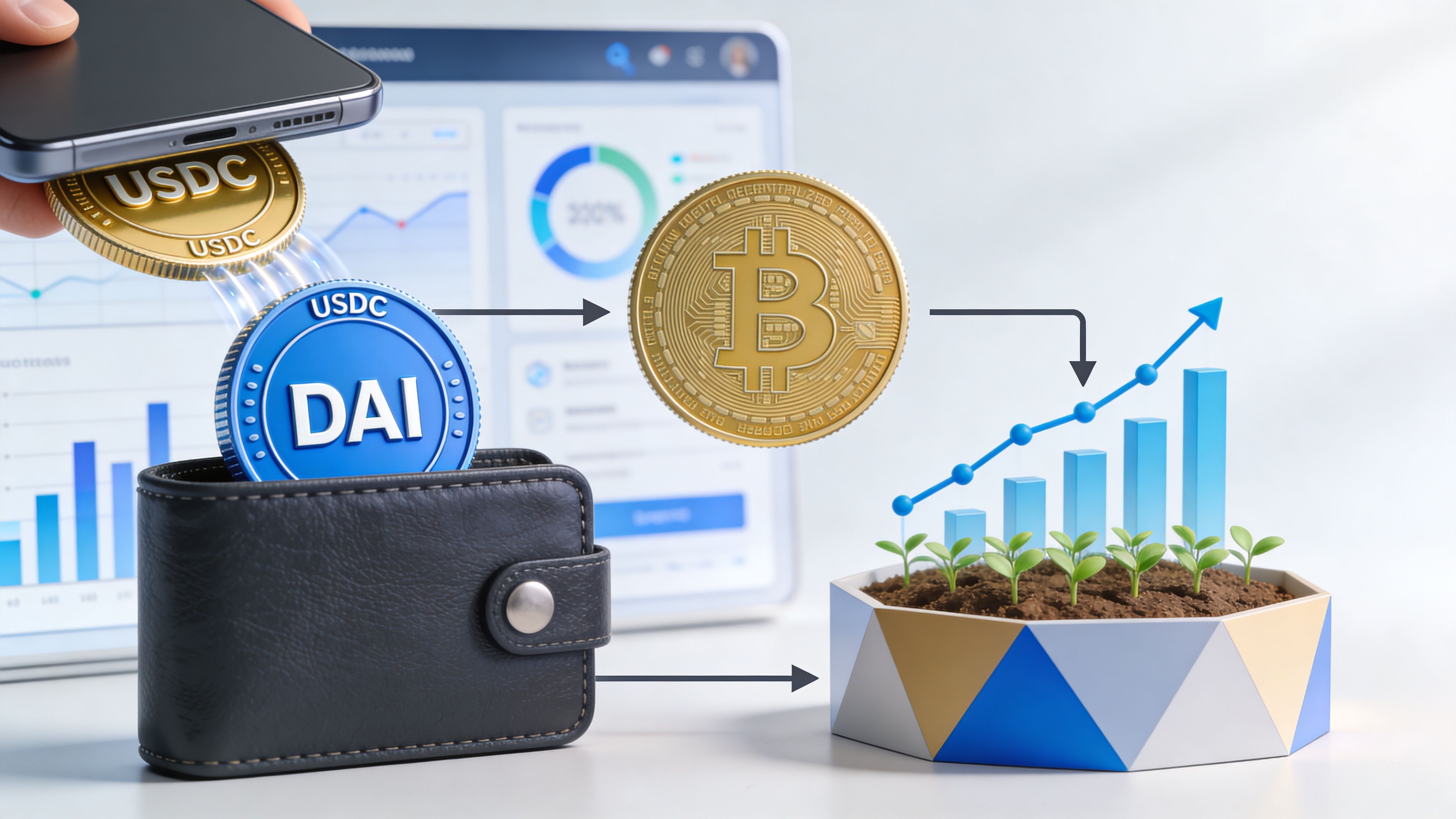 A digital wallet holding DAI coins with Bitcoin and cryptocurrency growth charts representing decentralized finance concepts.