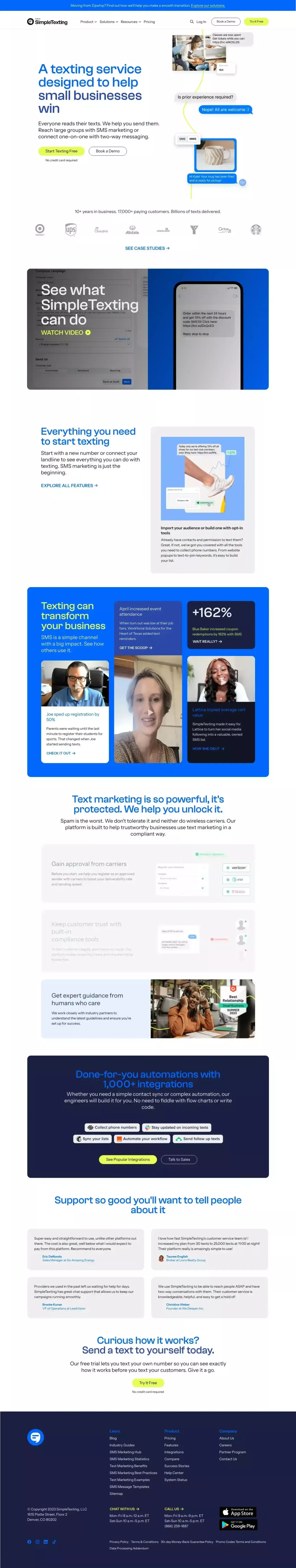 Text Message Marketing Platform & SMS Se landing page screenshot showcasing Tech and Marketing design