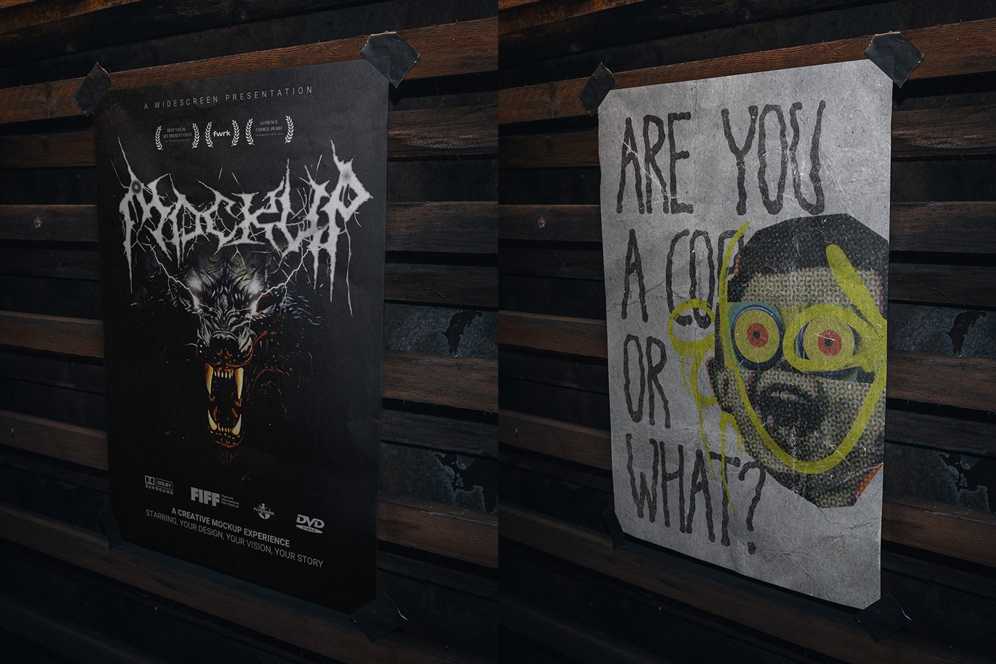 Basement A2 poster mockup showing cinematic poster artwork taped on wall