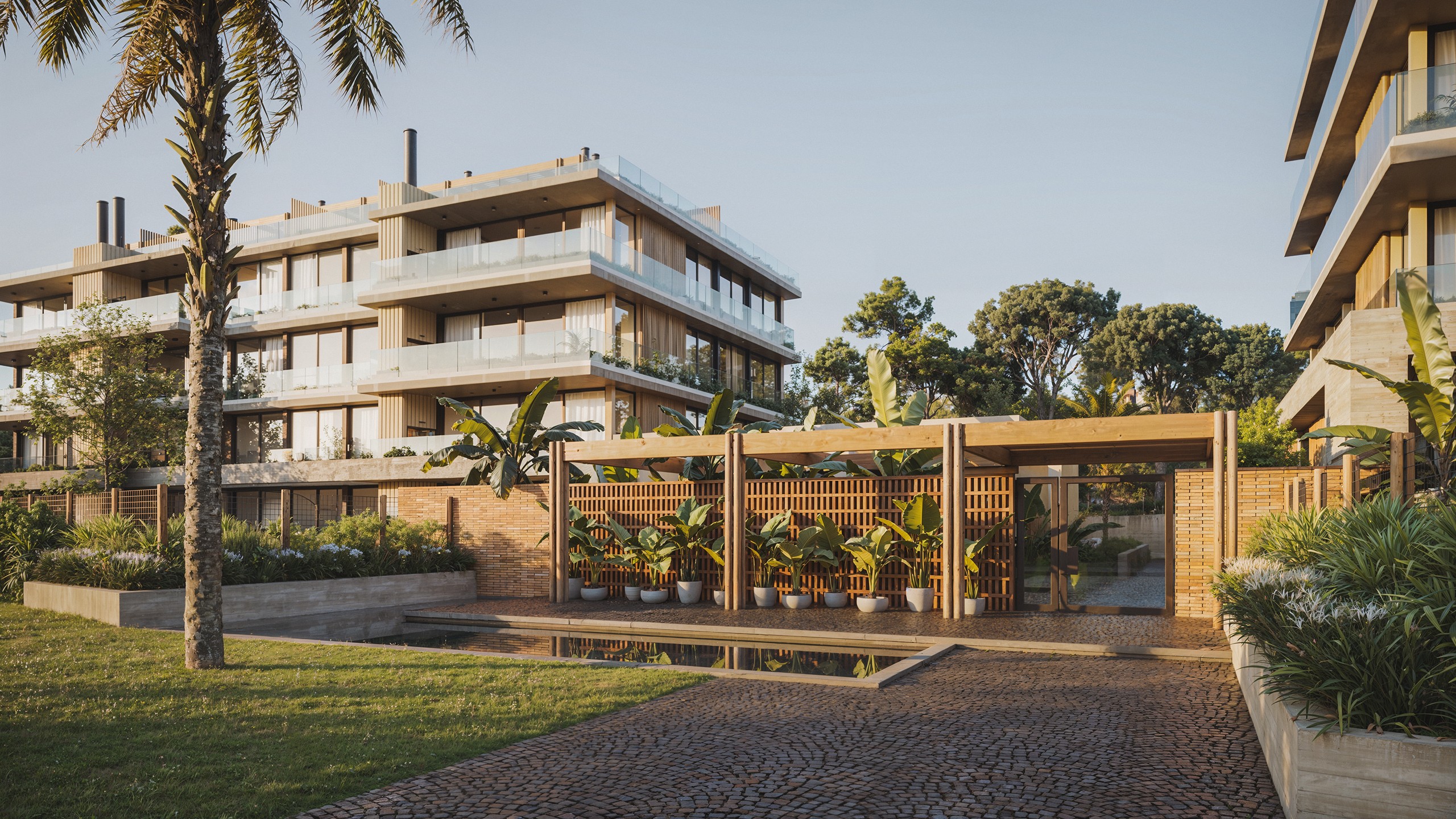 Modern curved staircase with warm ambient lighting