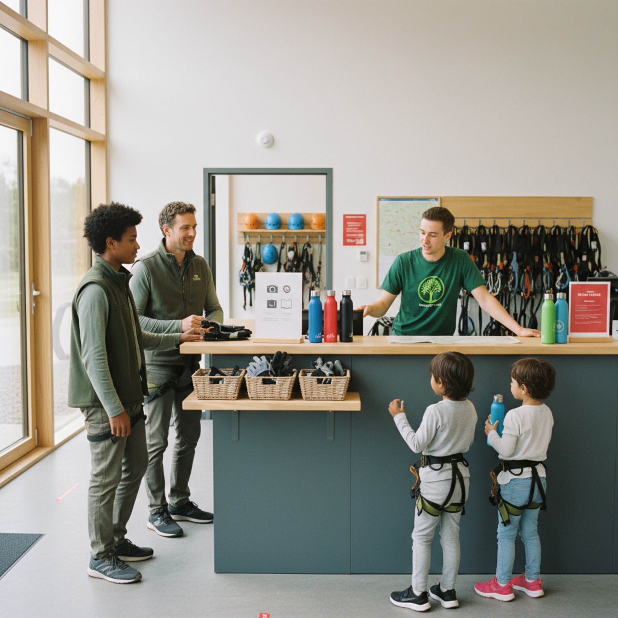 Im Kassenbereich stehen kleine Körbe mit Handschuhen und Trinkflaschen bereit, ein Schild bewirbt Fotos und Erinnerungsbücher. Familien überlegen kurz und greifen zu, bevor sie Richtung Startbereich gehen. Die Szene wirkt einladend und nahbar.