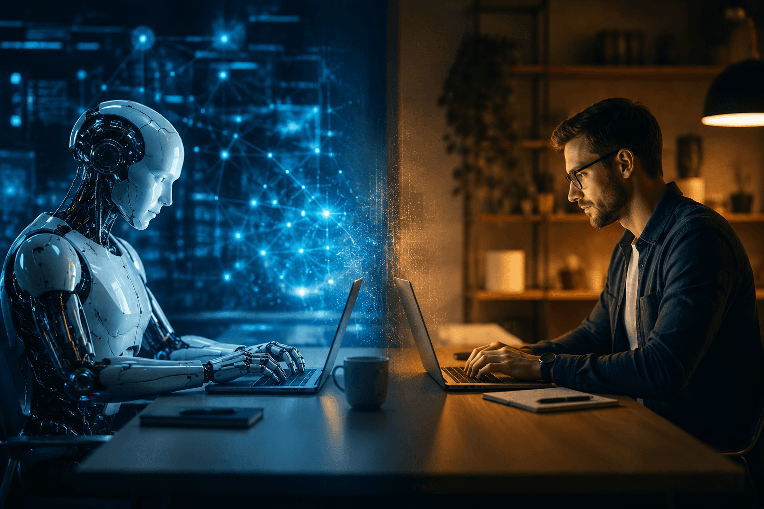 A futuristic AI robot and a human writer working on laptops side by side in contrasting digital and warm office environments, symbolizing AI vs human content creation in 2026.