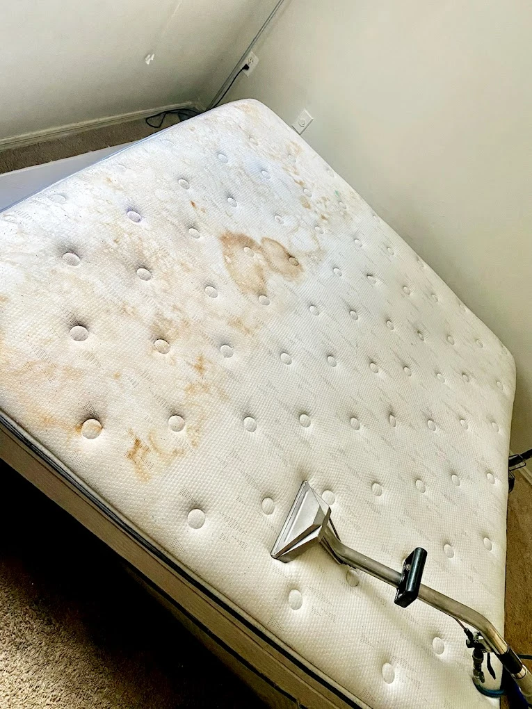 Stained mattress being cleaned with a vacuum attachment.