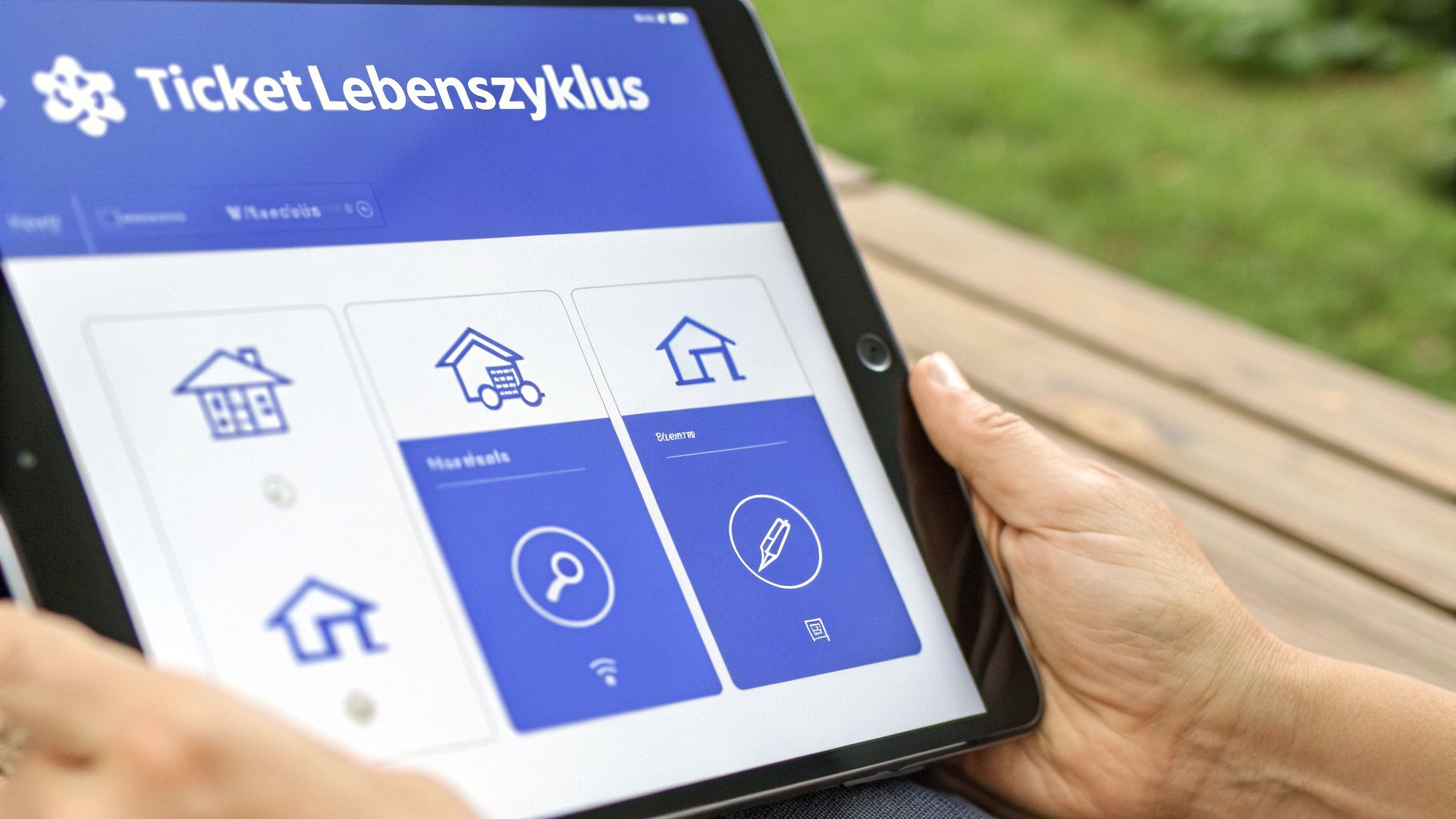 Eine Person hält ein Tablet, das die App 'Ticket Lebenszyklus' mit Haus-Symbolen und Steuerelementen anzeigt.