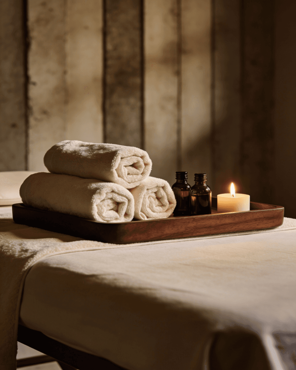 A woman lying down with a towel wrapped around her head, her face glowing with facial oil. She has a peaceful expression, enjoying a skincare treatment.