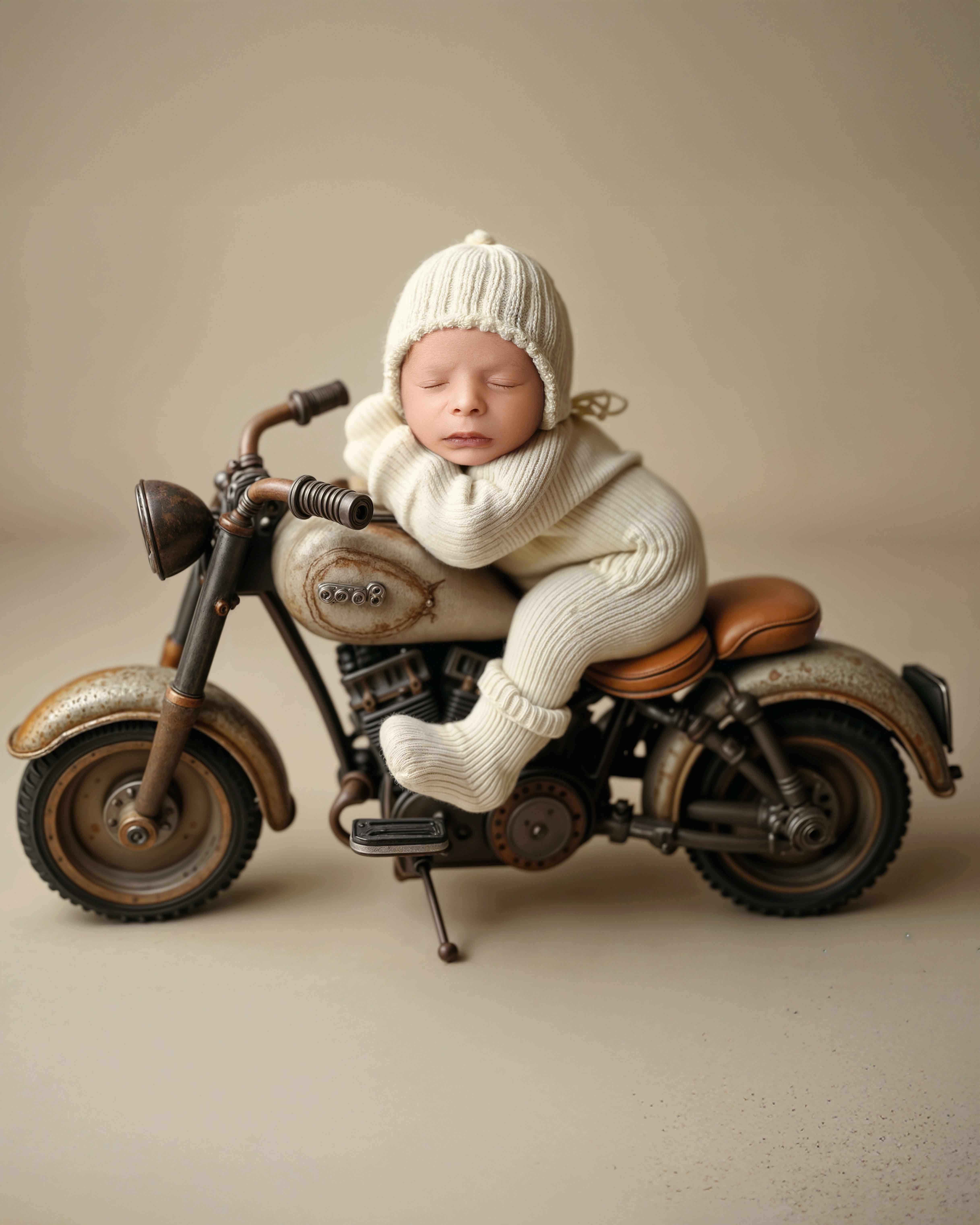 Artistic newborn portrait with beige tones and gentle lighting.