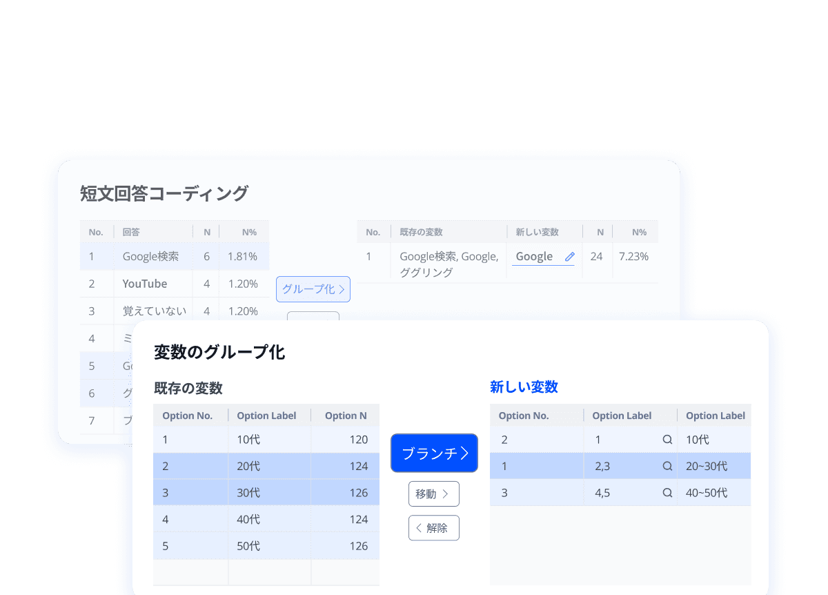 Two interface panels displaying structured data tables with various rows and columns for user interaction.