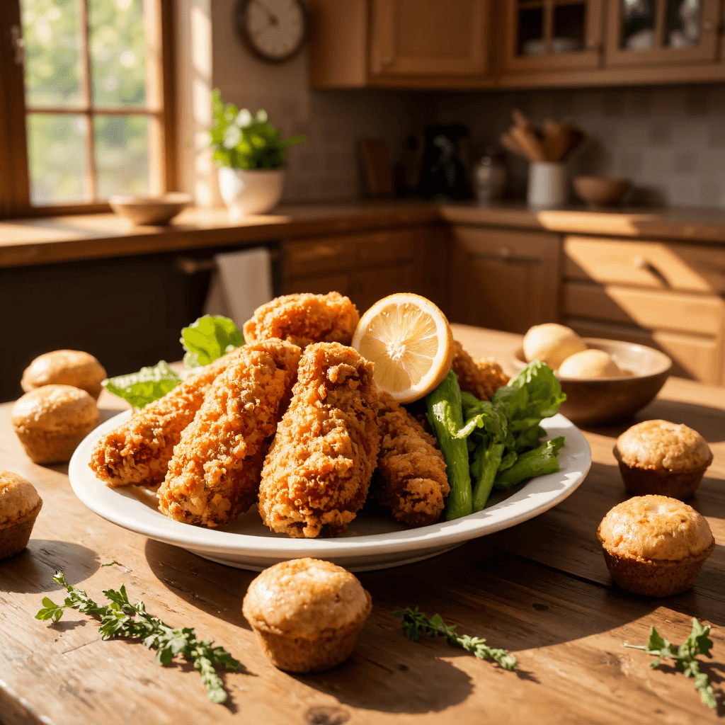 product photography of plate of fried chicken with sides