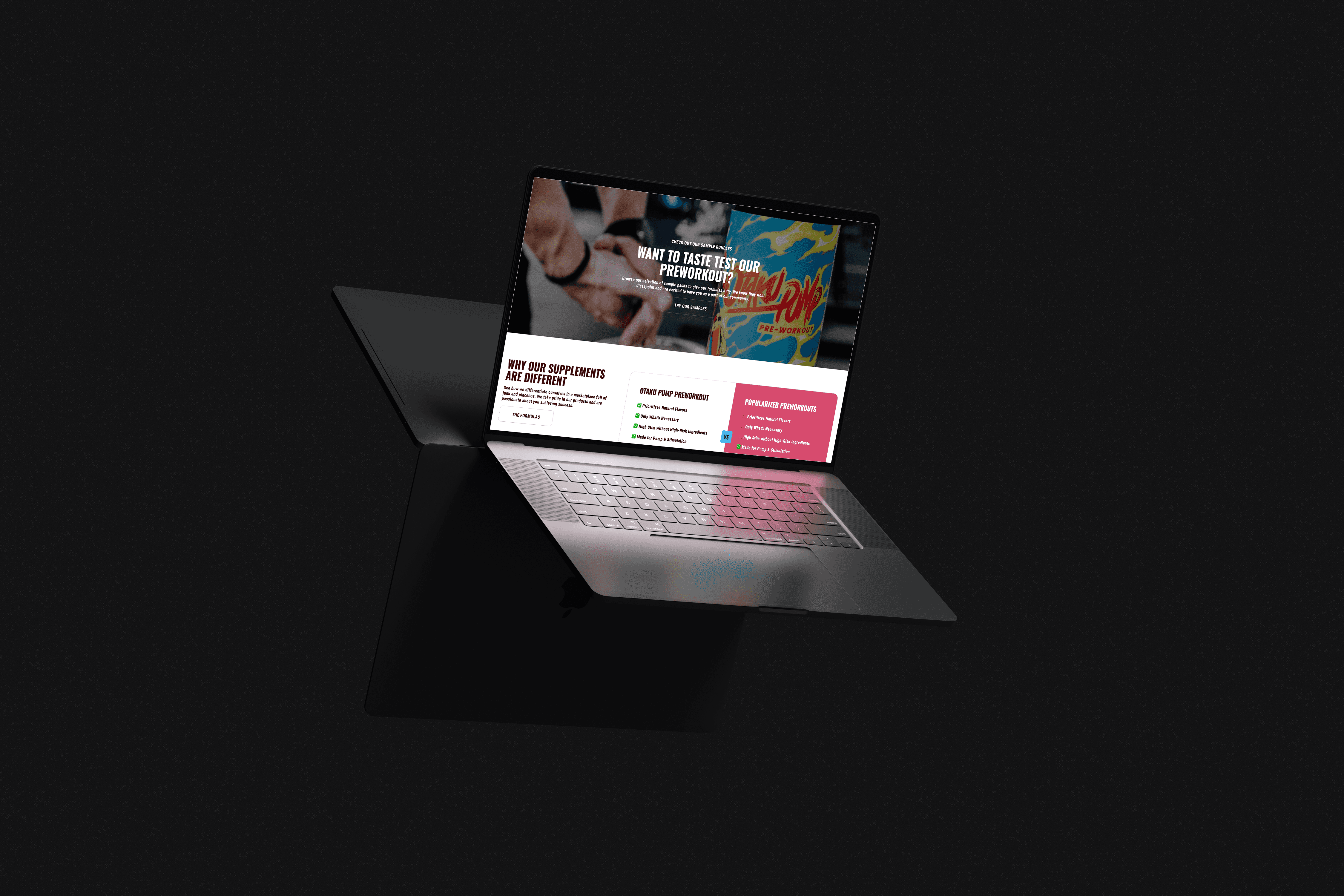 a floating laptop in a dark studio setting showcasing a website