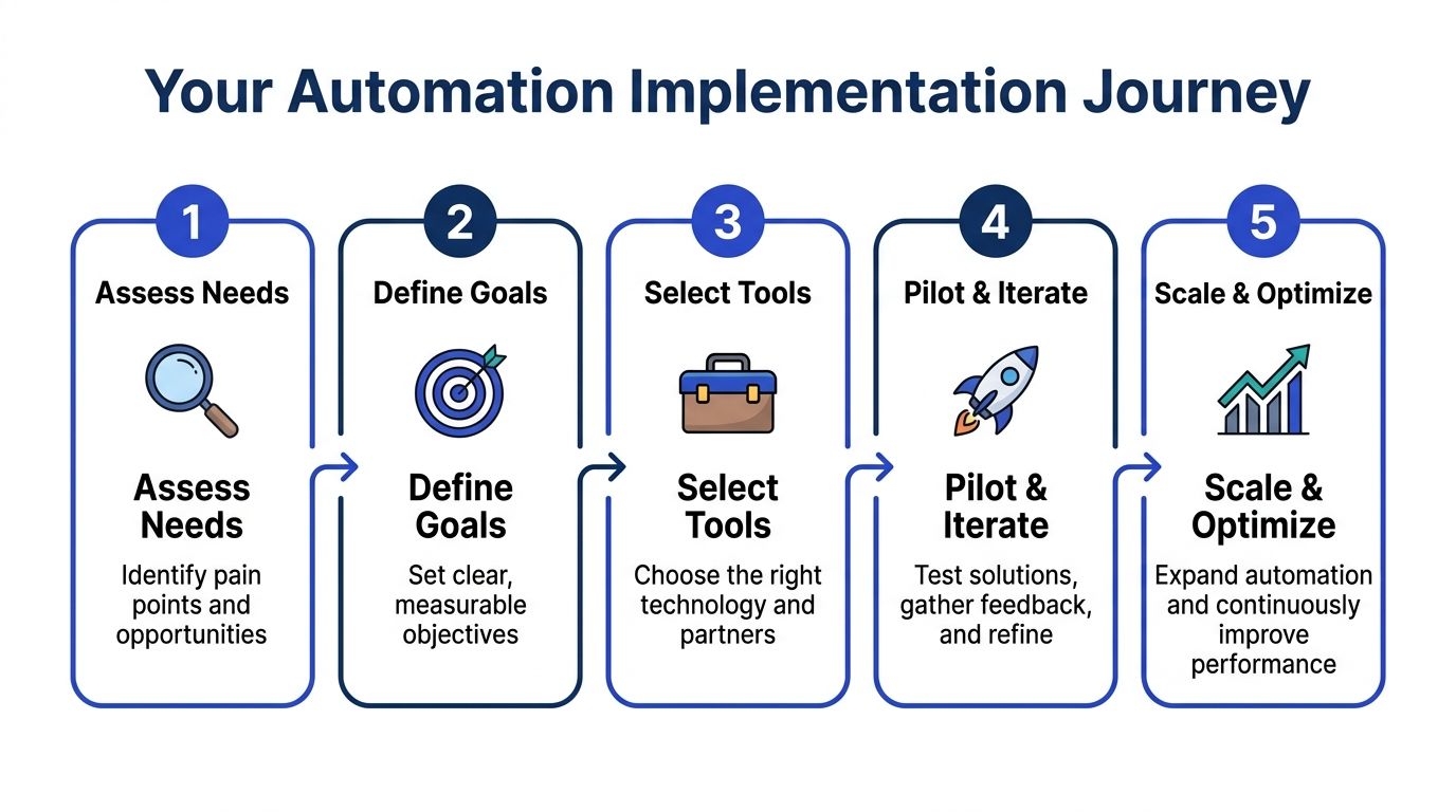 A five-step flowchart outlining the automation implementation journey for businesses to streamline operations and improve performance.