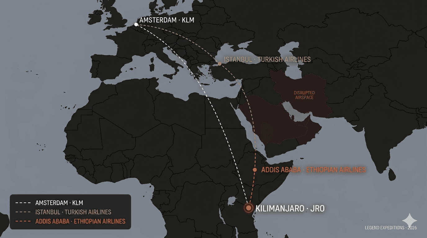 Map showing alternative flight routes to Kilimanjaro via Istanbul, Amsterdam and Addis Ababa