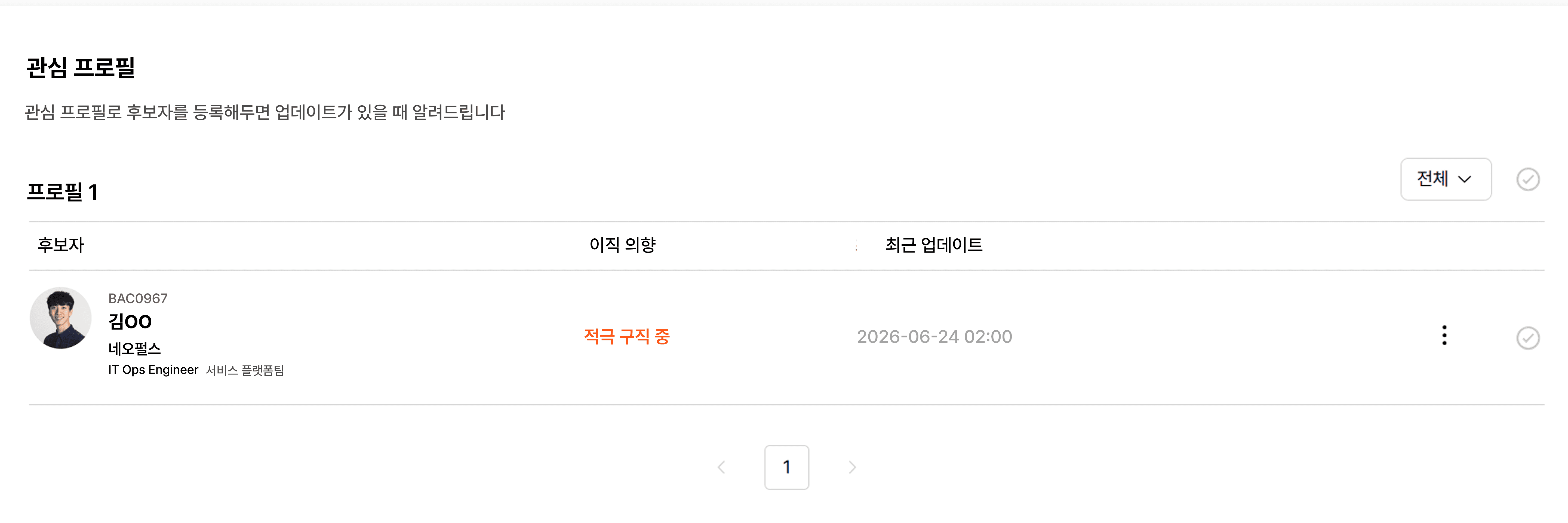 리멤버 인재검색 내 관심 프로필 페이지