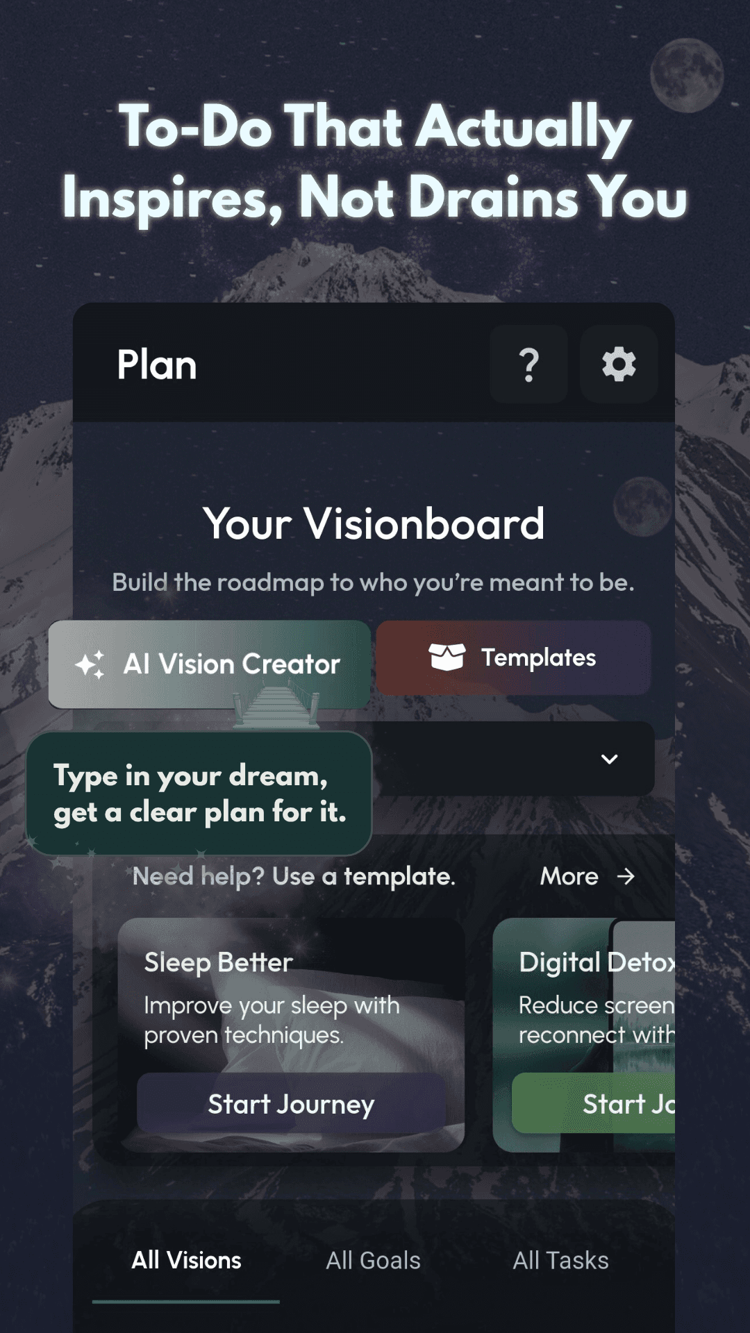 Eiren AI vision board and planning screen showing AI Vision Creator, goal templates like Sleep Better and Digital Detox, and task management