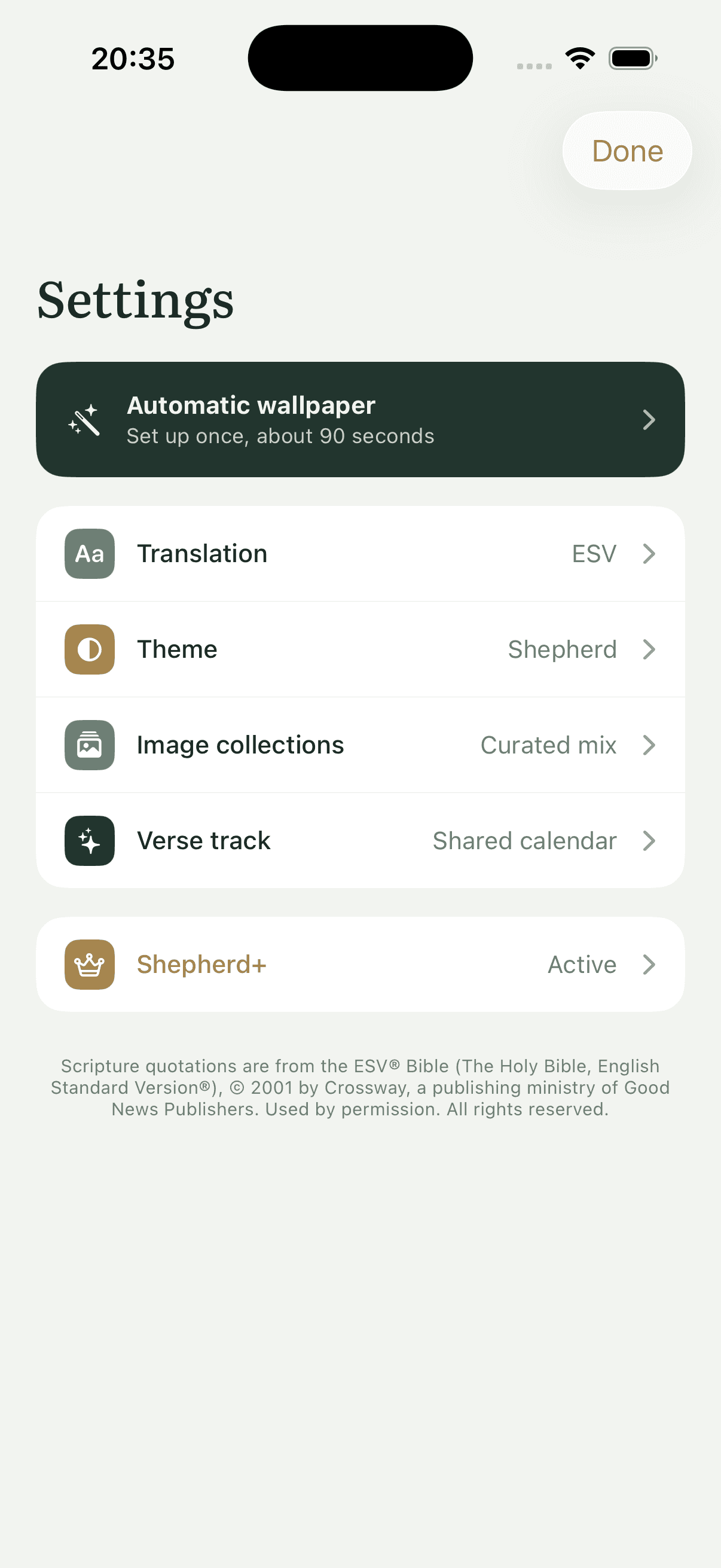 Shepherd Settings screen