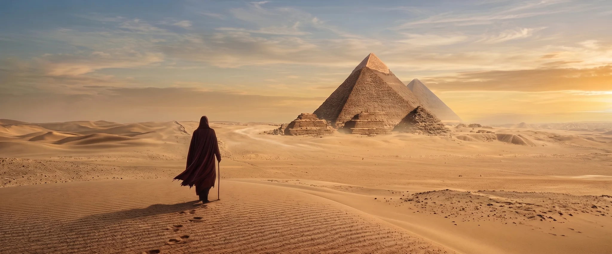 A robed figure with a staff crosses sunlit dunes toward the pyramids of Giza.