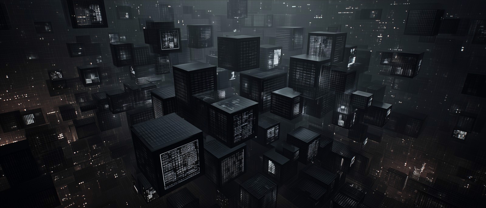Dark, futuristic scene of floating black cube-like structures with glowing grid patterns, arranged like a digital cityscape to suggest modular APIs, connected systems, and scalable infrastructure.