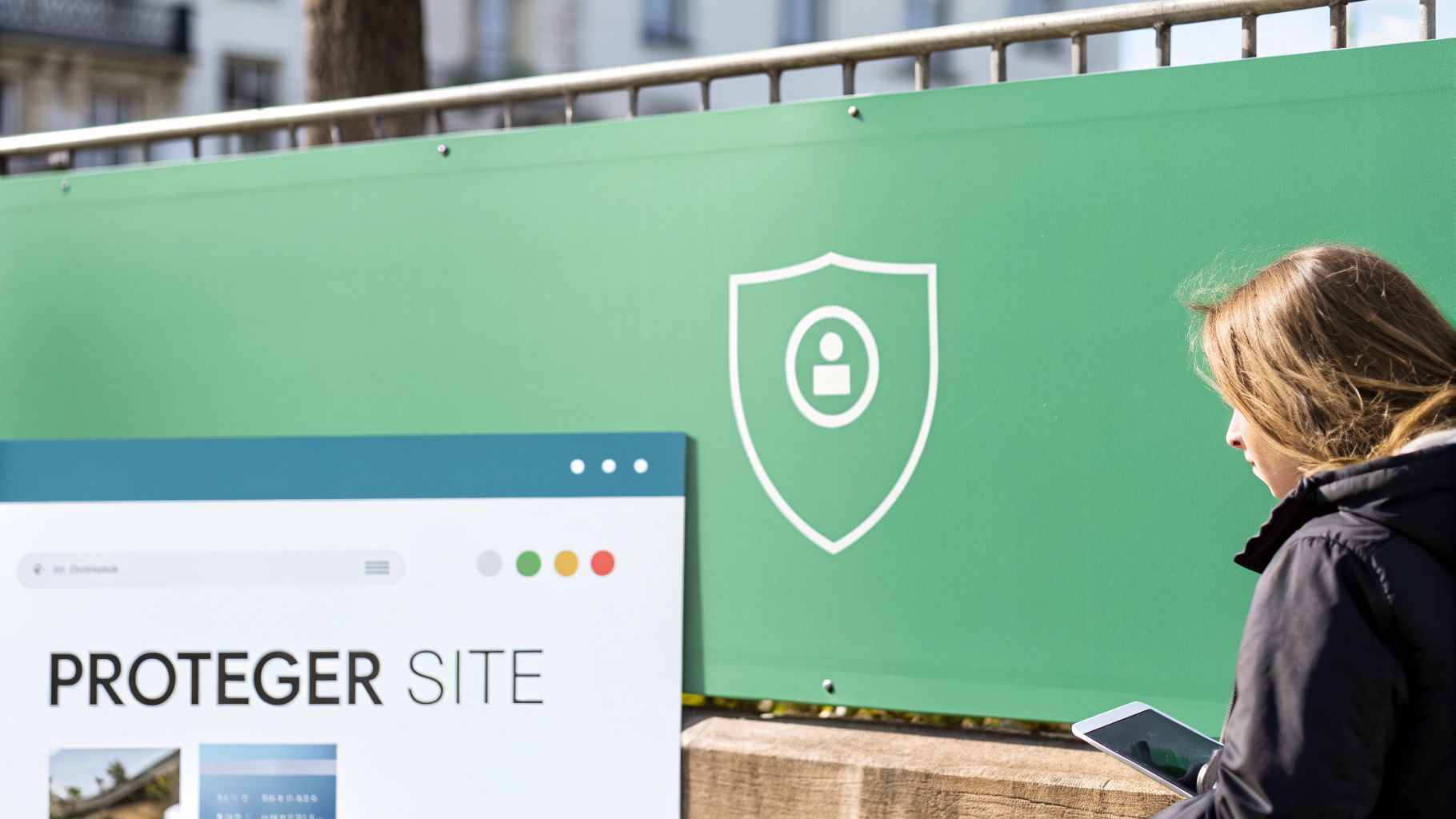 Une femme consulte une tablette, avec un site web affichant 'PROTEGER SITE' et un bouclier de sécurité.
