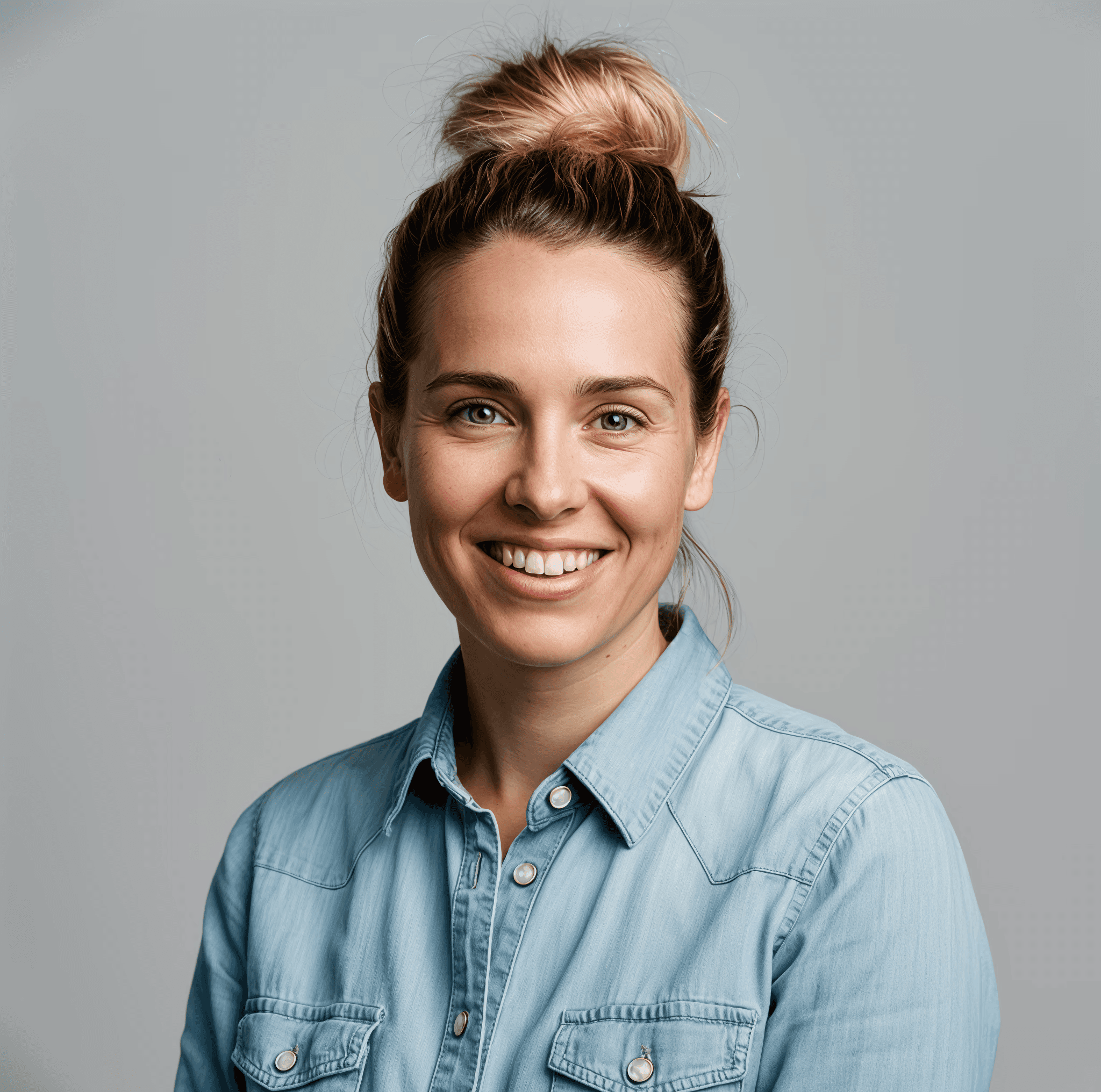 Portrait of a woman with blonde hair in a bun, light denim shirt, smiling.
