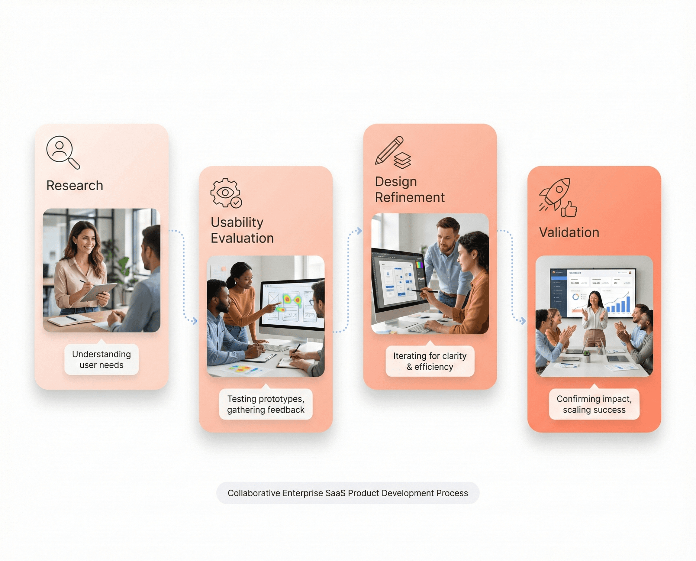 Structured UI UX design process for enterprise SaaS showing research, usability evaluation, and design refinement steps.