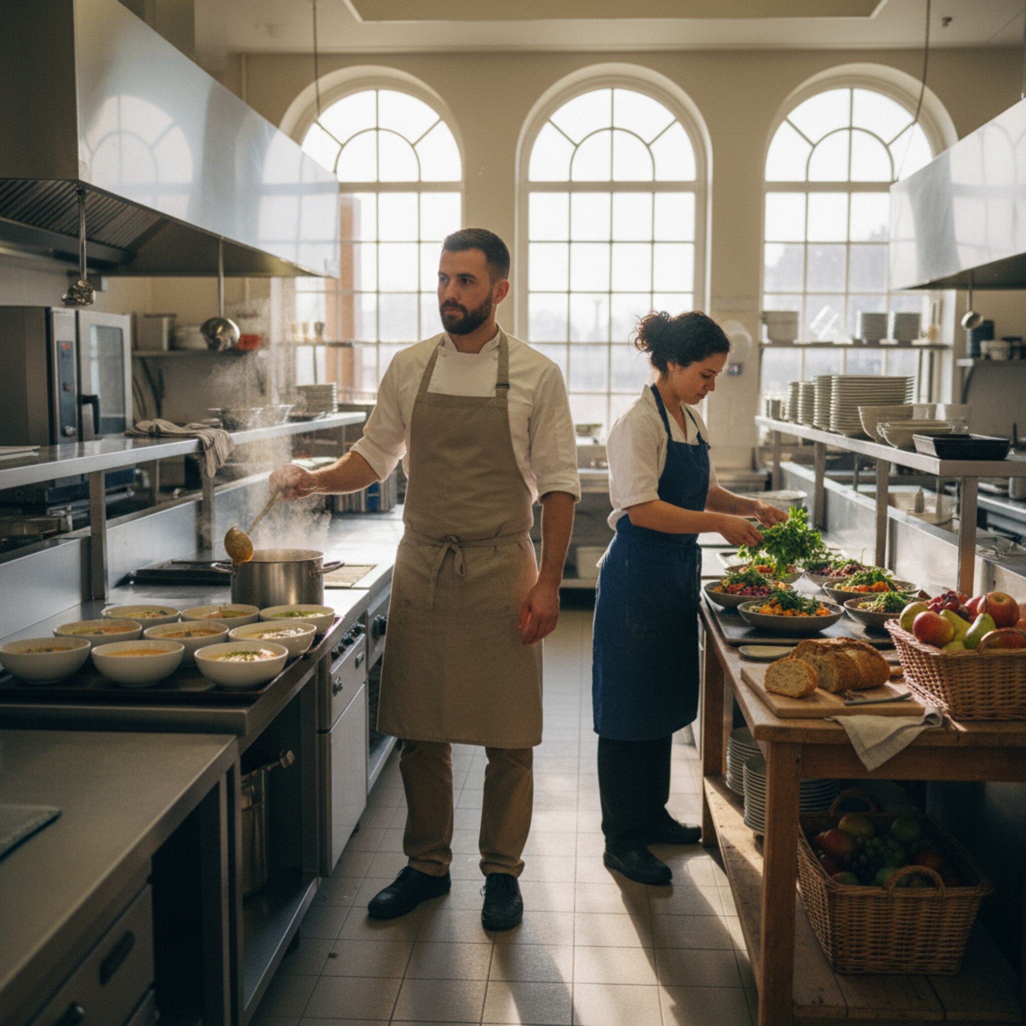 In einer Edelstahlküche schöpft ein Koch eine cremige Suppe in vorgewärmte Schalen. Neben ihm richtet eine Kollegin bunte Bowls mit Körnern und frischen Kräutern an. Auf einem Seitentisch stehen Brot und Obstkörbe bereit. Die sorgfältige Vorbereitung signalisiert, dass gleich viele Gäste kommen, ohne Hektik zu erzeugen.