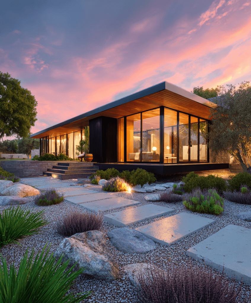 Modern flat-roofed glass home with gravel garden at sunset.