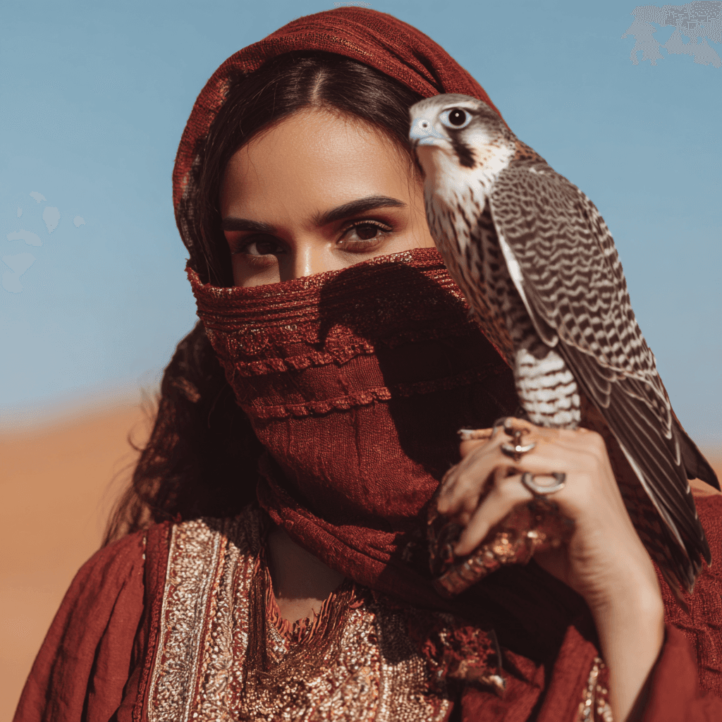 Arabian women with eagle in one hand and veil portrait