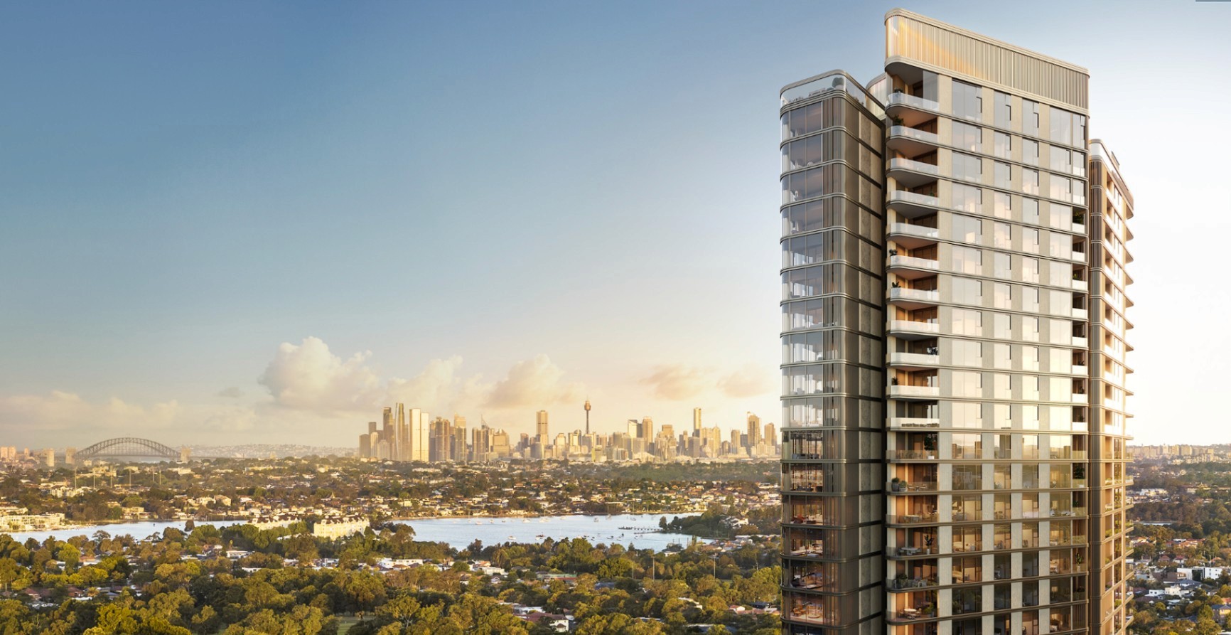 Modern residential tower at Concord Central overlooking Sydney CBD skyline, waterways and surrounding parklands in Sydney’s Inner West.
