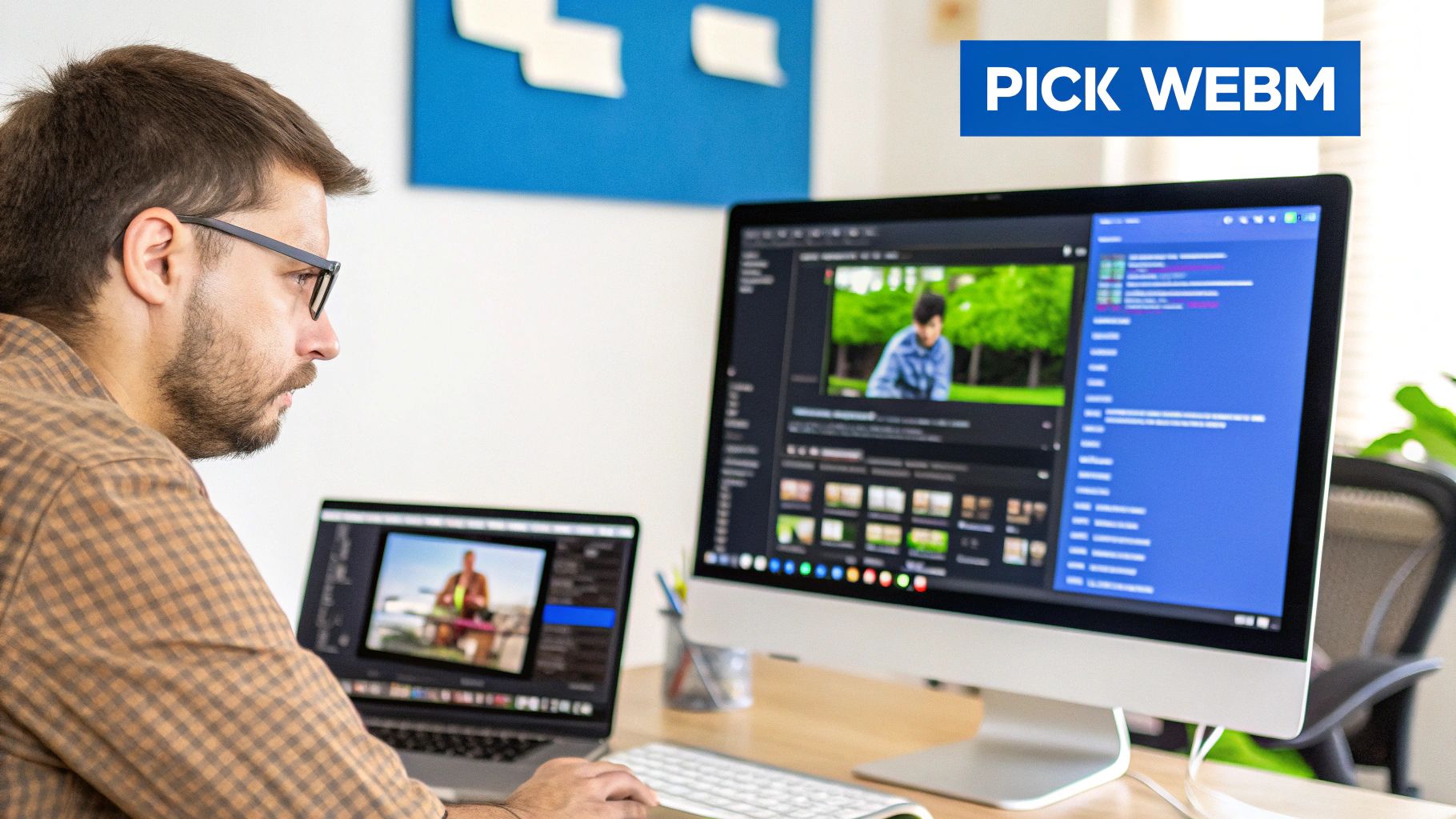 A browser window showing a fast-loading webpage with a seamless video background, representing WebM's efficiency for web performance.