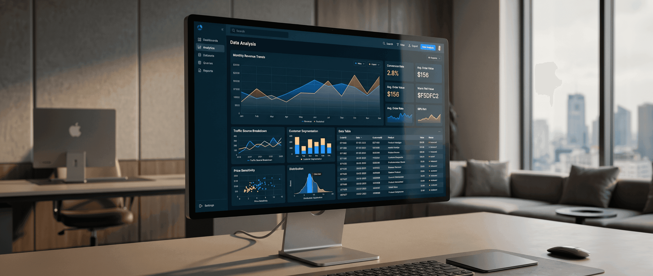 Monitor displaying a dark-themed analytics dashboard with charts