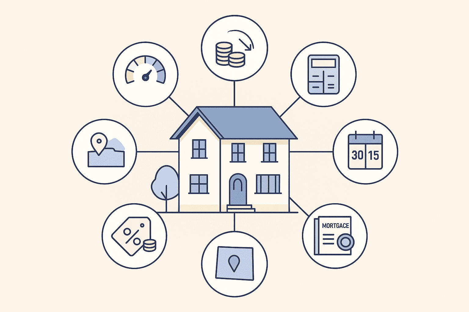 Radial diagram of a house linked to seven icons representing credit, down payment, DTI, term, loan type, location, and,