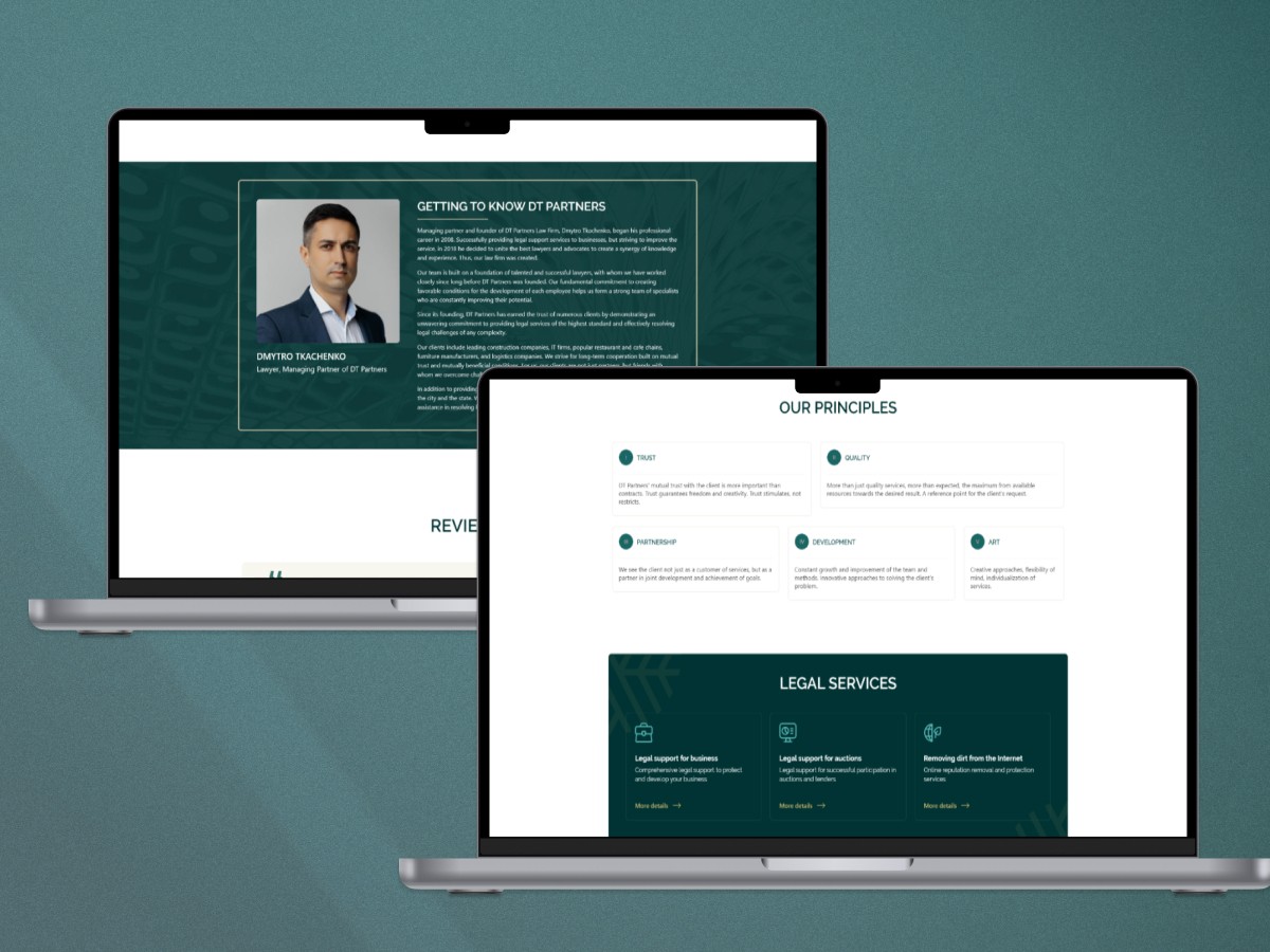 Legal services platform presenting practice areas and corporate law consulting solutions