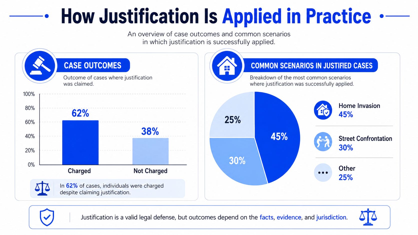 A chart showing statistics on justifiable homicide outcomes and common scenarios where legal justification is successfully applied.