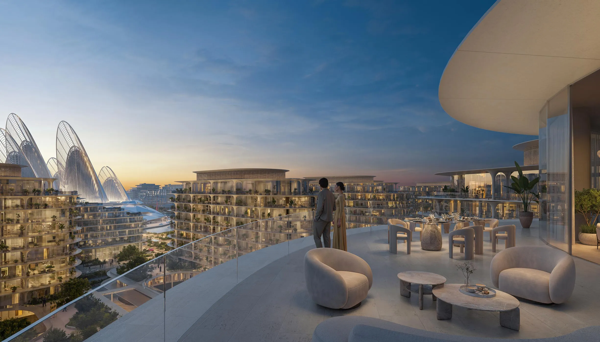  Construction of the new Dubai city on Saadiyat Beach, featuring contemporary buildings along the shoreline.