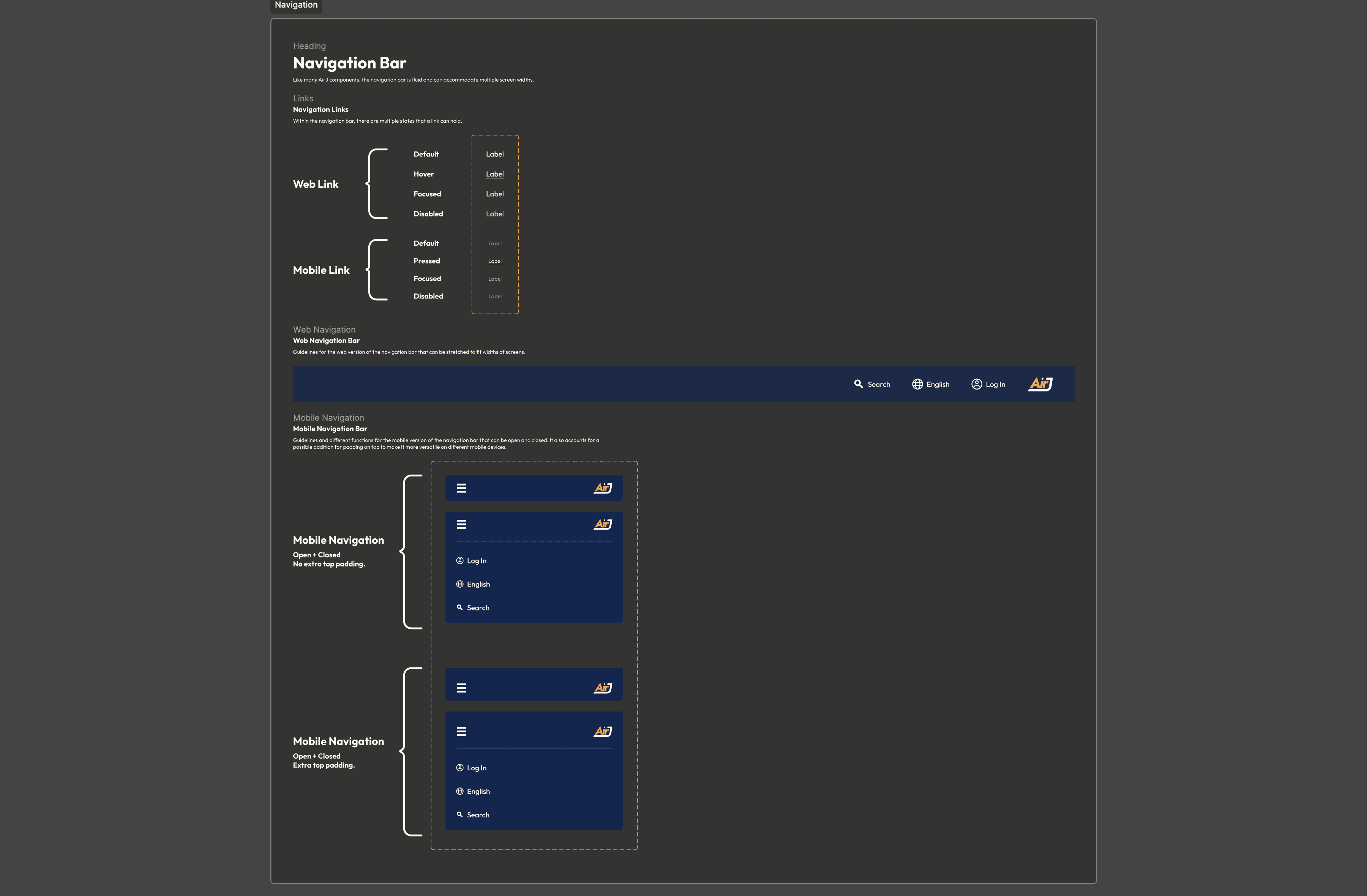 Design system page for navigation components.