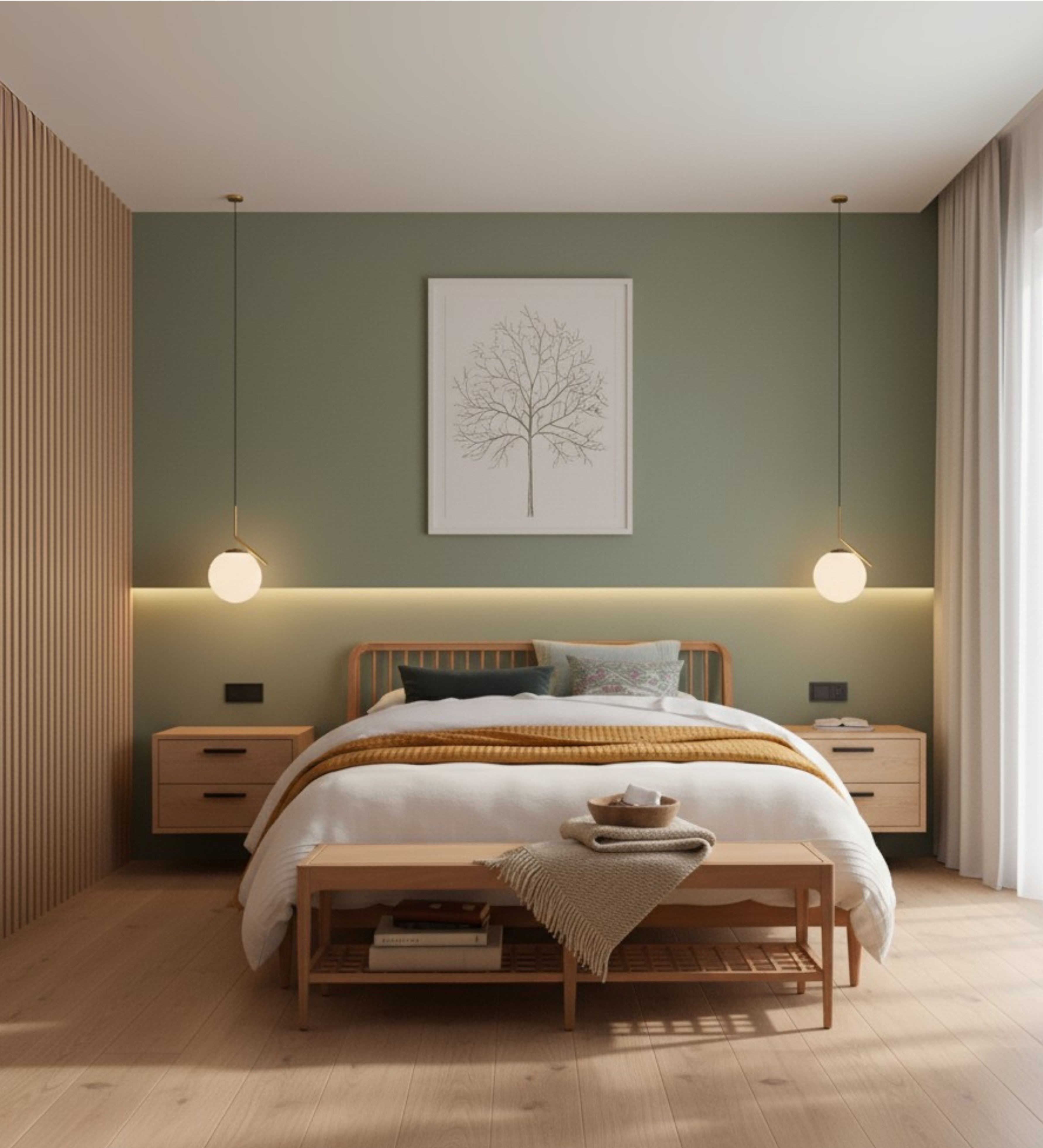 Classic wooden bed with straight headboard, box frame build, and traditional proportions