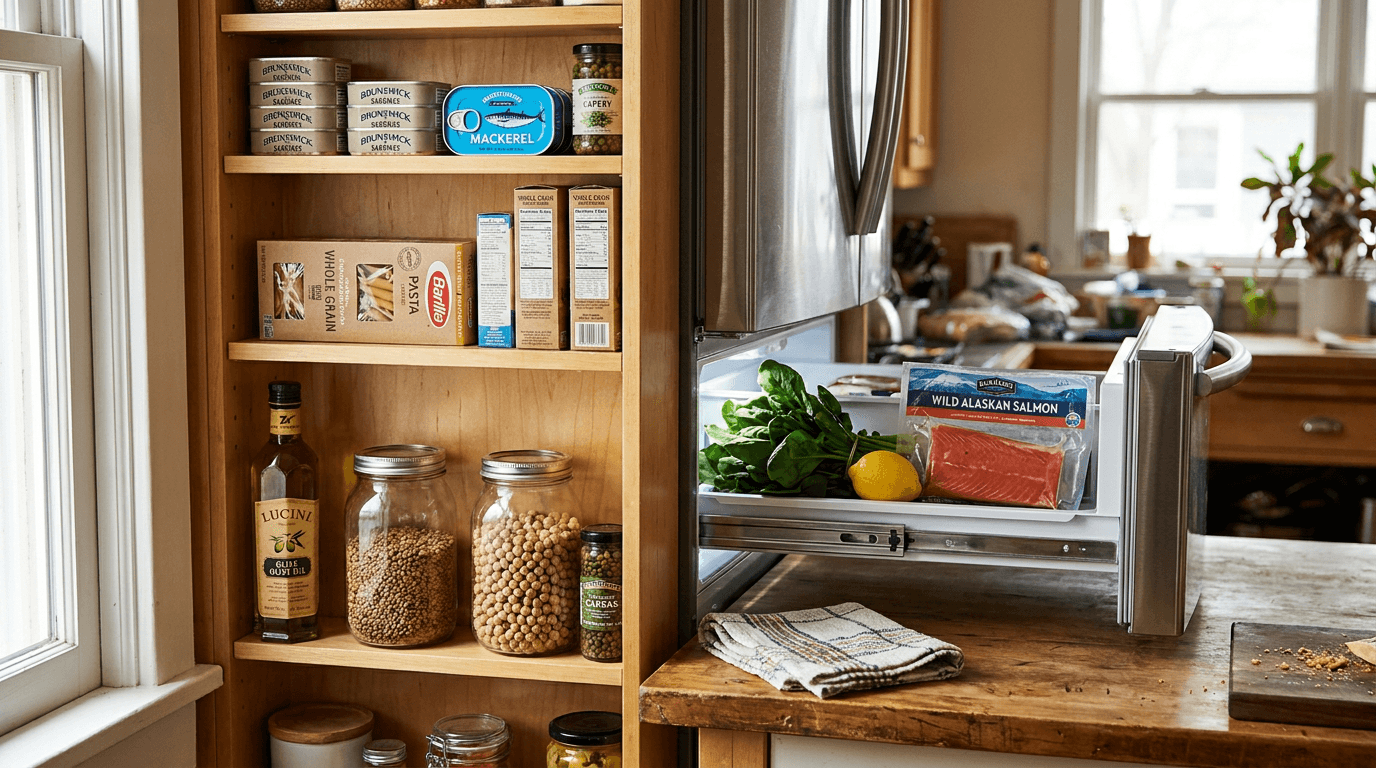 pescatarian pantry staples including canned sardines, legumes, and whole grains