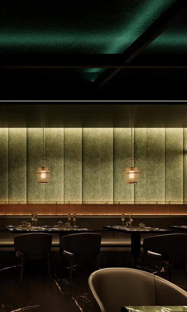 Le salon émeraude : plafond vert, claustras de bois et lanternes au-dessus des tables (visuel d’architecte)
