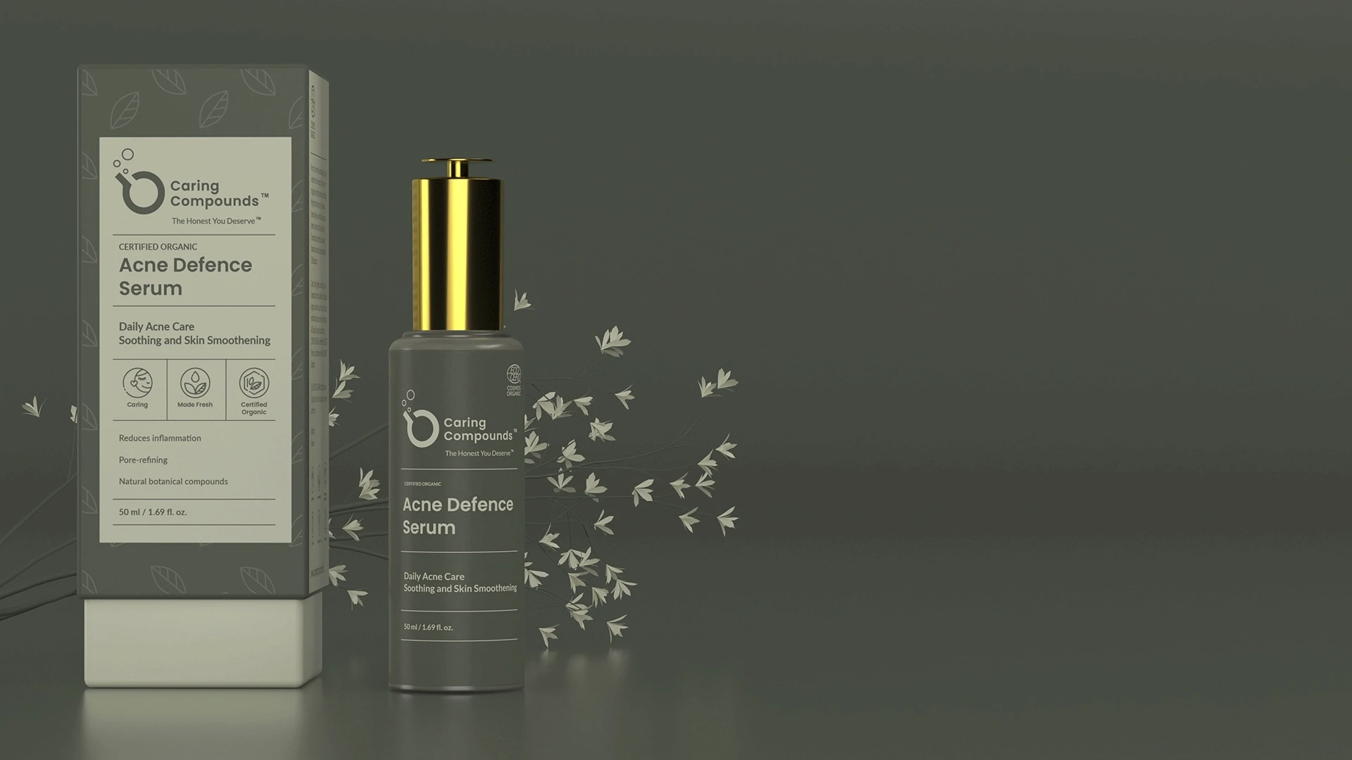 3D rendered aesthetic shot of Caring Compounds product range in lifelike shots