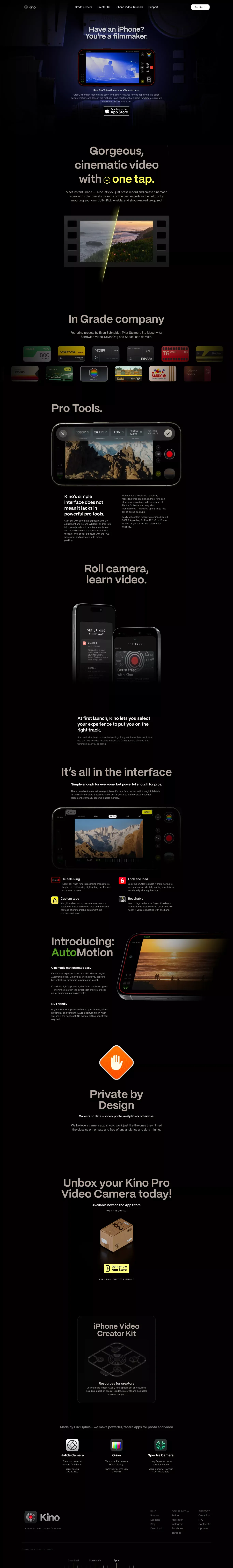Kino portfolio page screenshot showcasing Photography and Tech design
