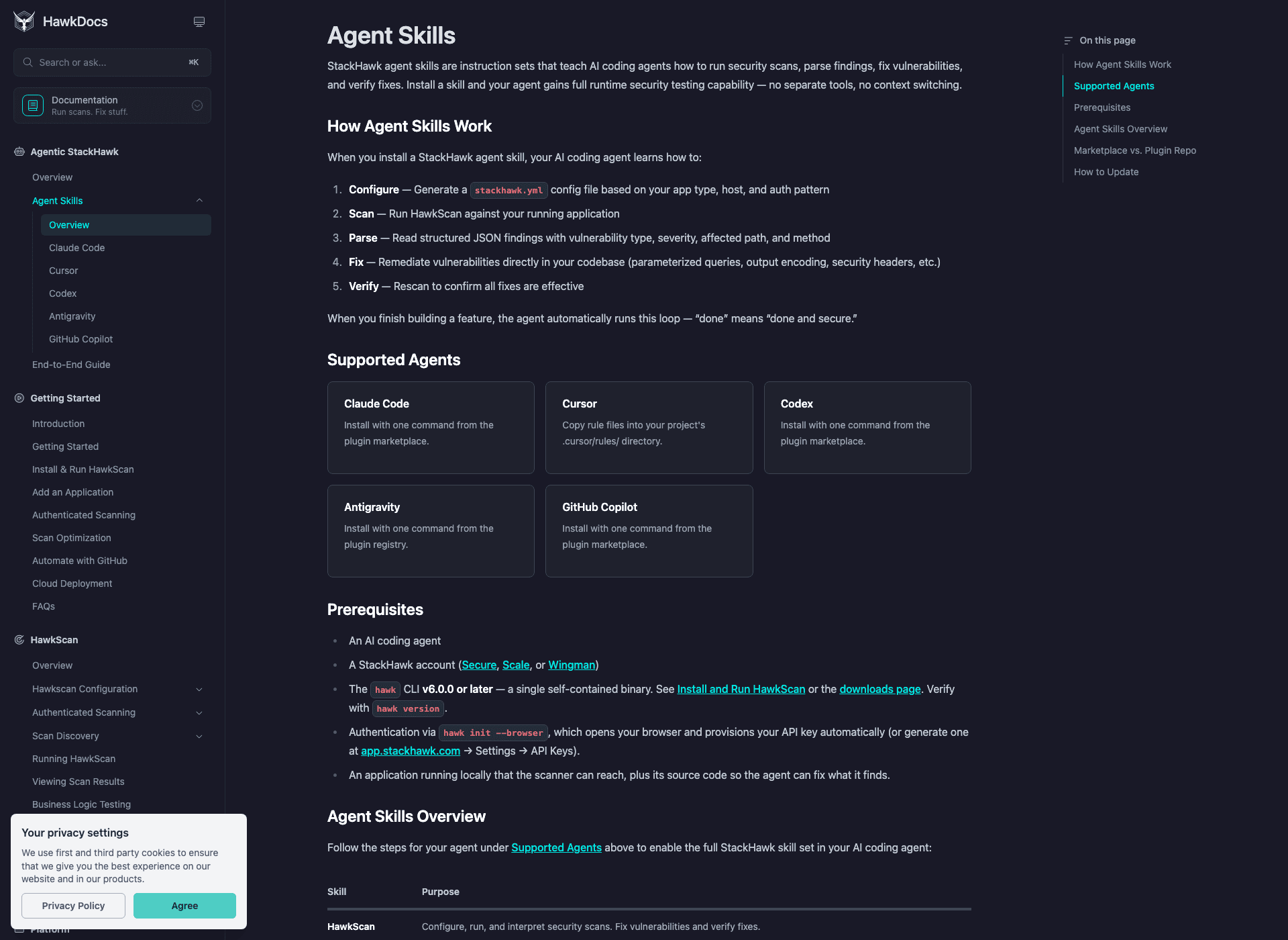 StackHawk Agent Skills documentation showing the supported agents, Hawk CLI version, authentication, running-application, and source-code prerequisites