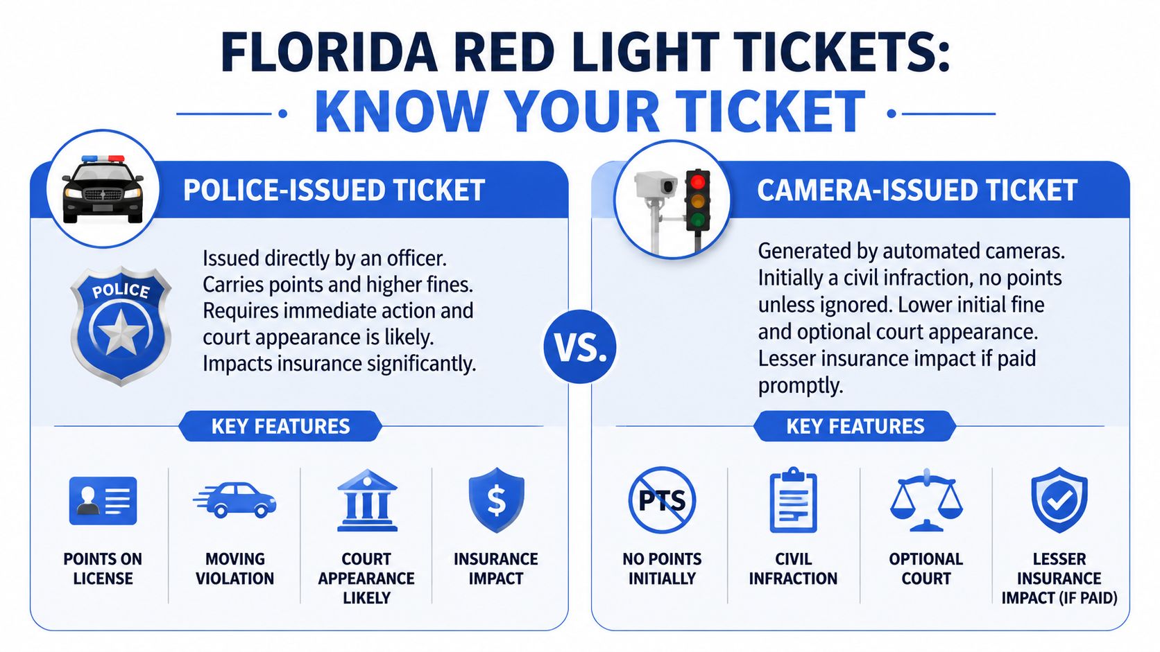 A comparison chart outlining the differences between police-issued and camera-issued red light tickets in Florida.