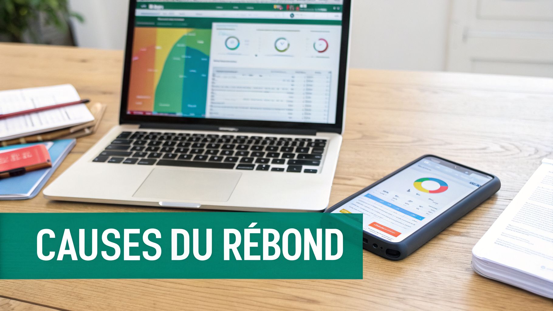 Ordinateur portable et smartphone affichant des graphiques sur un bureau en bois, avec le texte 